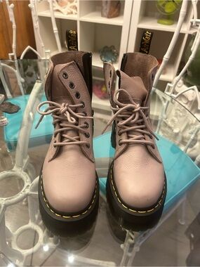 Dr. Martens Mauve Lace-Up Combat Boots with Yellow Welt Stitching